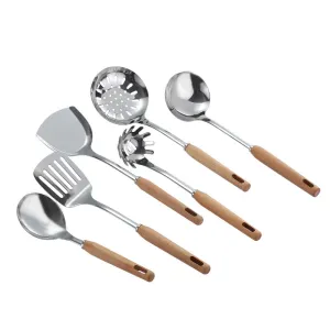 Household Stainless Steel Wooden Spatula Soup Spoon and Strainer Kitchen Cooking Spoon and Shovel Beech Kitchenware Set