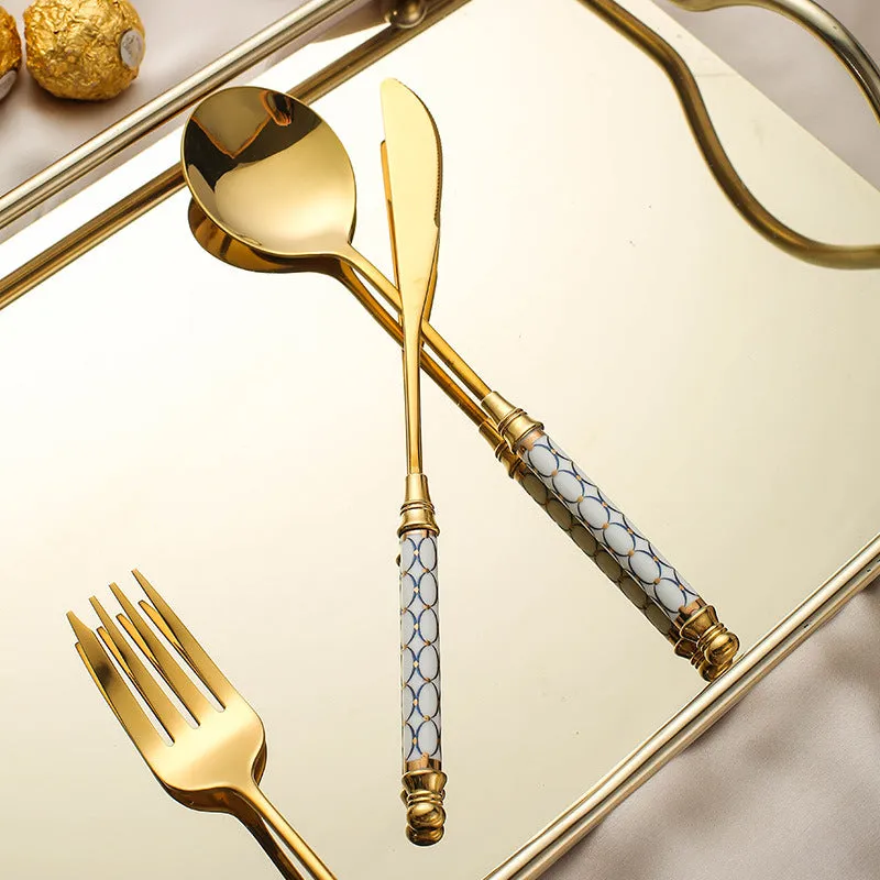 Stainless Steel Gold Titanium-Plated Porcelain Handle Maze Tableware Western Food/Steak Knife, Fork and Spoon Coffee Dessert Spoon