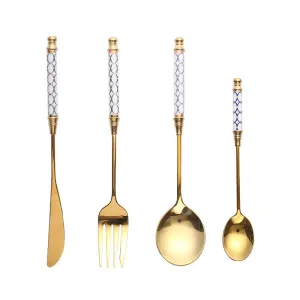 Stainless Steel Gold Titanium-Plated Porcelain Handle Maze Tableware Western Food/Steak Knife, Fork and Spoon Coffee Dessert Spoon