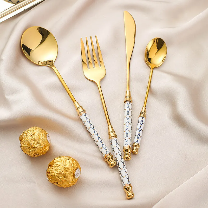 Stainless Steel Gold Titanium-Plated Porcelain Handle Maze Tableware Western Food/Steak Knife, Fork and Spoon Coffee Dessert Spoon