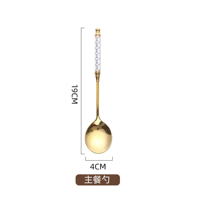 Stainless Steel Gold Titanium-Plated Porcelain Handle Maze Tableware Western Food/Steak Knife, Fork and Spoon Coffee Dessert Spoon