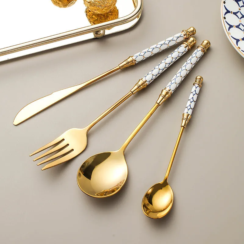 Stainless Steel Gold Titanium-Plated Porcelain Handle Maze Tableware Western Food/Steak Knife, Fork and Spoon Coffee Dessert Spoon