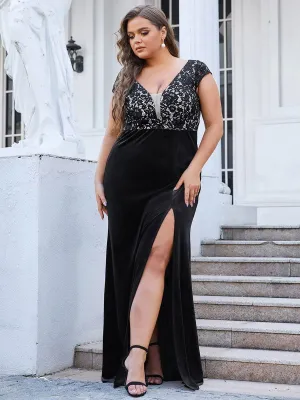 Velvet Lace High Slit Curvy Mother of the Bride Dress